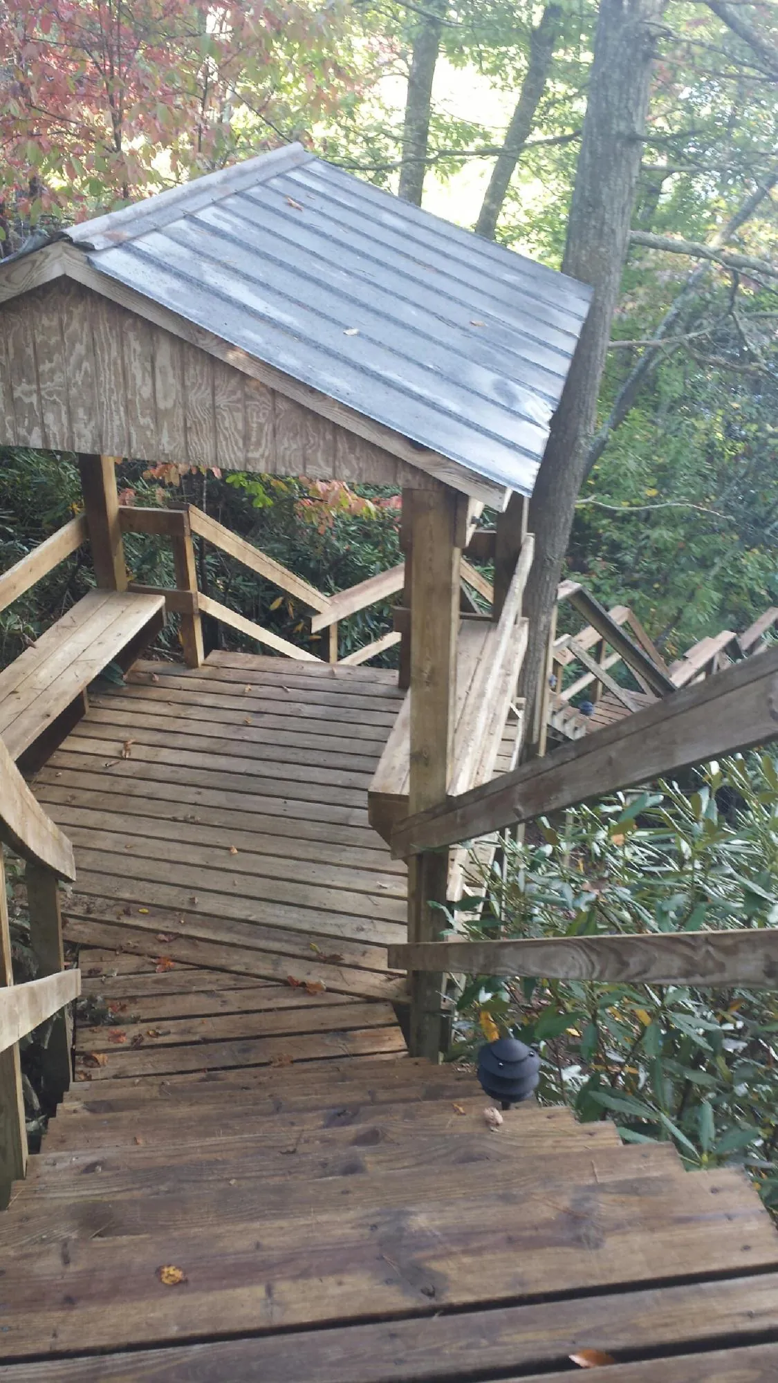 Metal roofed shelter over wooden steps on a wooded walkway — Skylight Repair & Installation work by our crew in Winchester
